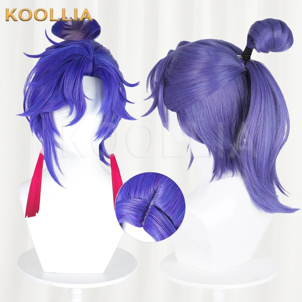 Koollia Sun Quan Fairy Fan Messenger purple cosplay wig with layered bangs, high ponytail, front and back views, and natural parting detail.