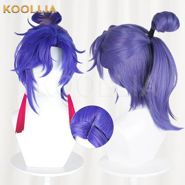 Koollia Sun Quan Fairy Fan Messenger purple cosplay wig with layered bangs, high ponytail, front and back views, and natural parting detail.