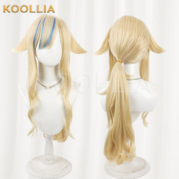 Virtual VTuber Suzuki Hina Wig Light Gold With Blue Bang Highlights Long Wavy Curly Basic Wig