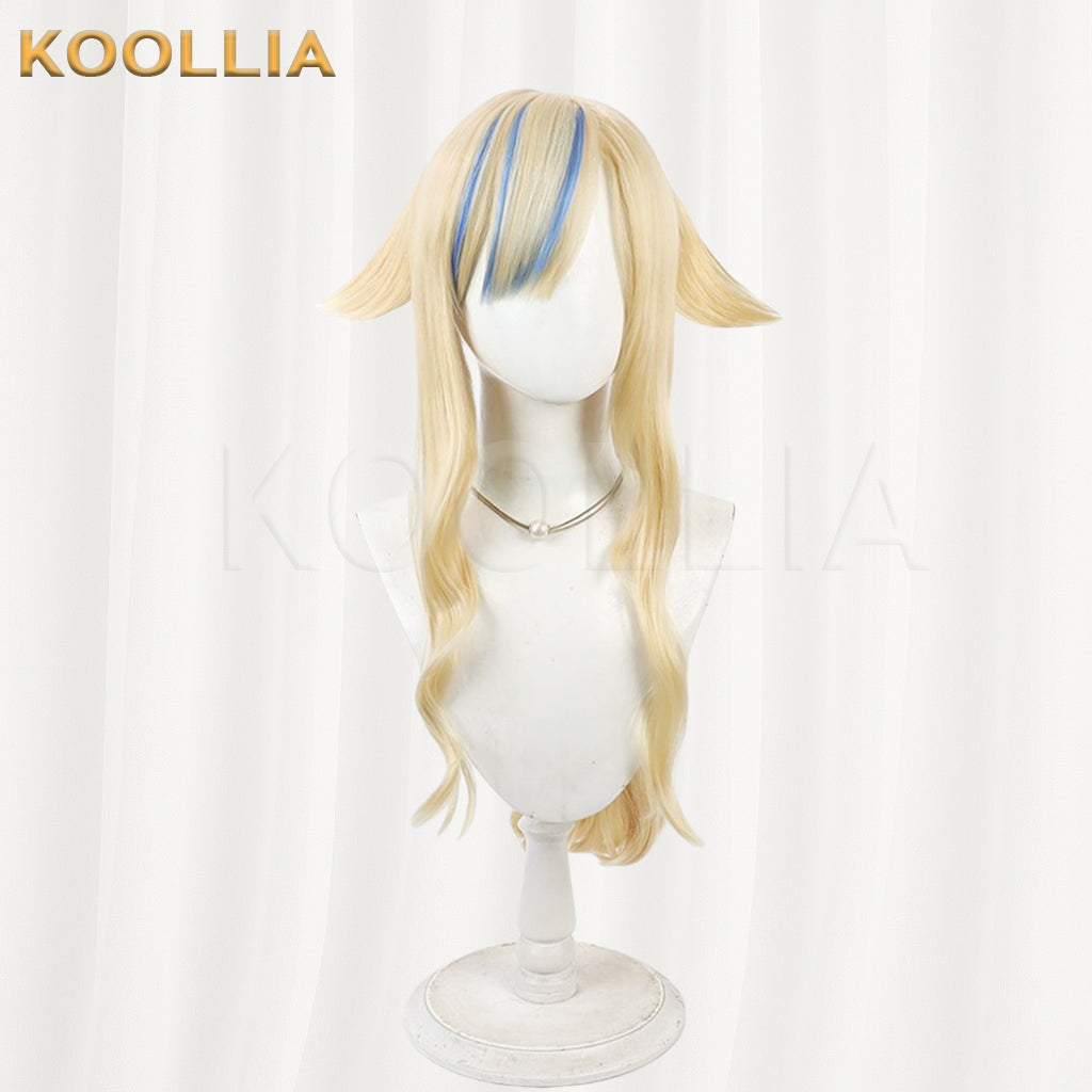 Virtual VTuber Suzuki Hina Wig Light Gold With Blue Bang Highlights Long Wavy Curly Basic Wig