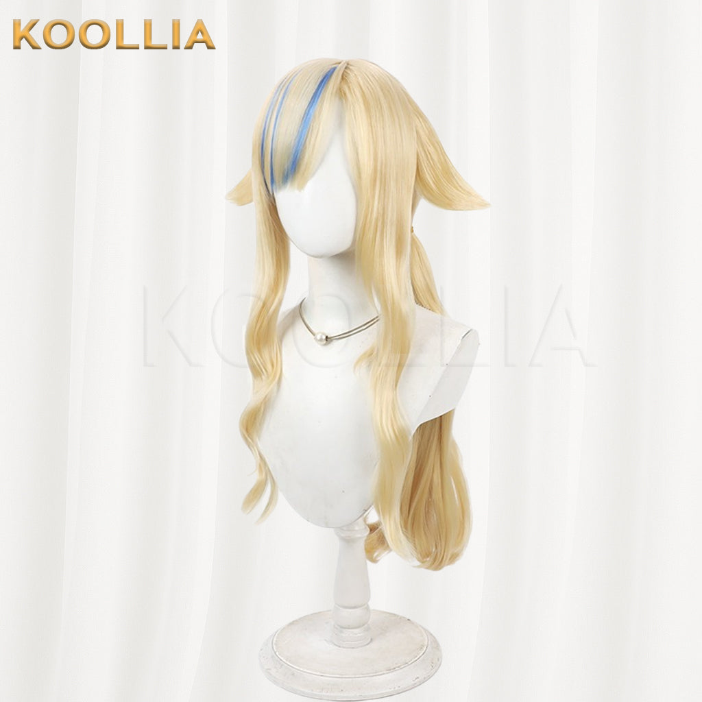 Virtual VTuber Suzuki Hina Wig Light Gold With Blue Bang Highlights Long Wavy Curly Basic Wig