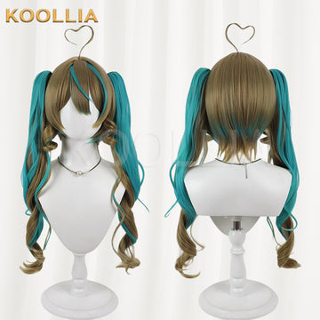 Virtual Vtuber Amau Syrup Wig Brown Teal Highlight Realistic Scalp Top Detachable Jaw‑Clip Spiral Curly Double Ponytail Wig Basic Wig