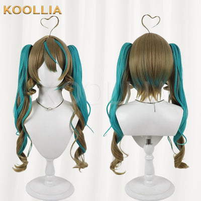 Virtual Vtuber Amau Syrup Wig Brown Teal Highlight Realistic Scalp Top Detachable Jaw‑Clip Spiral Curly Double Ponytail Wig Basic Wig