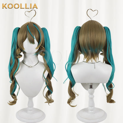 Virtual Vtuber Amau Syrup Wig Brown Teal Highlight Realistic Scalp Top Detachable Jaw‑Clip Spiral Curly Double Ponytail Wig Basic Wig