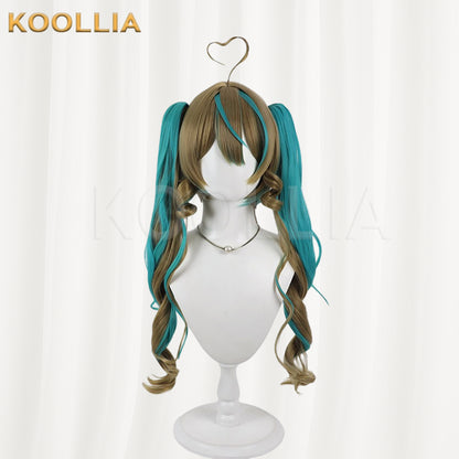 Virtual Vtuber Amau Syrup Wig Brown Teal Highlight Realistic Scalp Top Detachable Jaw‑Clip Spiral Curly Double Ponytail Wig Basic Wig