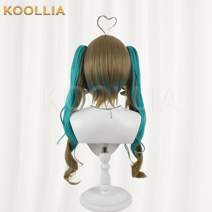 Virtual Vtuber Amau Syrup Wig Brown Teal Highlight Realistic Scalp Top Detachable Jaw‑Clip Spiral Curly Double Ponytail Wig Basic Wig