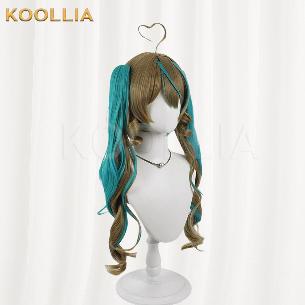 Virtual Vtuber Amau Syrup Wig Brown Teal Highlight Realistic Scalp Top Detachable Jaw‑Clip Spiral Curly Double Ponytail Wig Basic Wig