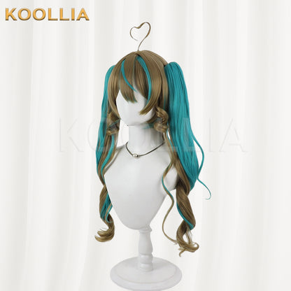 Virtual Vtuber Amau Syrup Wig Brown Teal Highlight Realistic Scalp Top Detachable Jaw‑Clip Spiral Curly Double Ponytail Wig Basic Wig