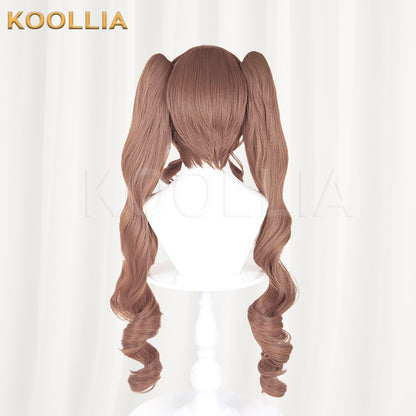 Arknights Angelina Wig Milk‑tea Brown Realistic Scalp Top Short Base Detachable Spiral Curled Twin Tails Basic Wig