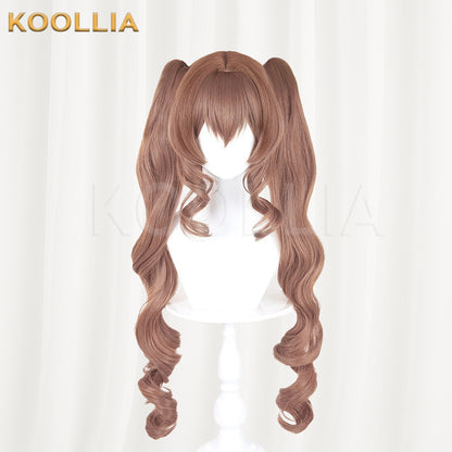 Arknights Angelina Wig Milk‑tea Brown Realistic Scalp Top Short Base Detachable Spiral Curled Twin Tails Basic Wig