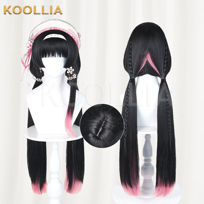 Wuthering Waves Chisaki Wig Black Pink Gradient Realistic Scalp Top Integrated Hime‑Cut Long Twin Ponytail Basic Wig