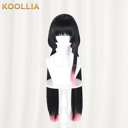 Wuthering Waves Chisaki Wig Black Pink Gradient Realistic Scalp Top Integrated Hime‑Cut Long Twin Ponytail Basic Wig
