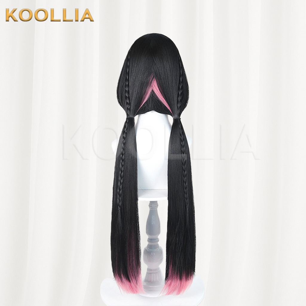 Wuthering Waves Chisaki Wig Black Pink Gradient Realistic Scalp Top Integrated Hime‑Cut Long Twin Ponytail Basic Wig