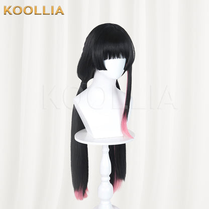 Wuthering Waves Chisaki Wig Black Pink Gradient Realistic Scalp Top Integrated Hime‑Cut Long Twin Ponytail Basic Wig