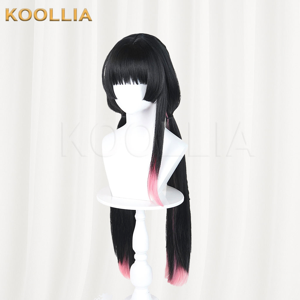Wuthering Waves Chisaki Wig Black Pink Gradient Realistic Scalp Top Integrated Hime‑Cut Long Twin Ponytail Basic Wig