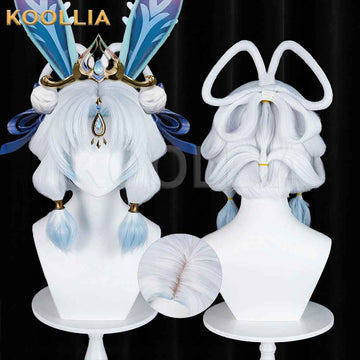 Honor of Kings Gongsun Li Frost‑Moon White Wig Pre‑Shaped Loops Buns Lantern Braids Ice‑Blue Gradient Realistic Scalp Top Basic Wig