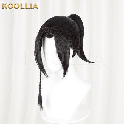 Eight Immortals He Xiangu Wig Jet Black Teased Top Ancient‑style Tied High Ponytail Single Side Braid Basic Wig