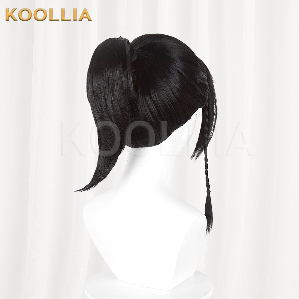 Eight Immortals He Xiangu Wig Jet Black Teased Top Ancient‑style Tied High Ponytail Single Side Braid Basic Wig