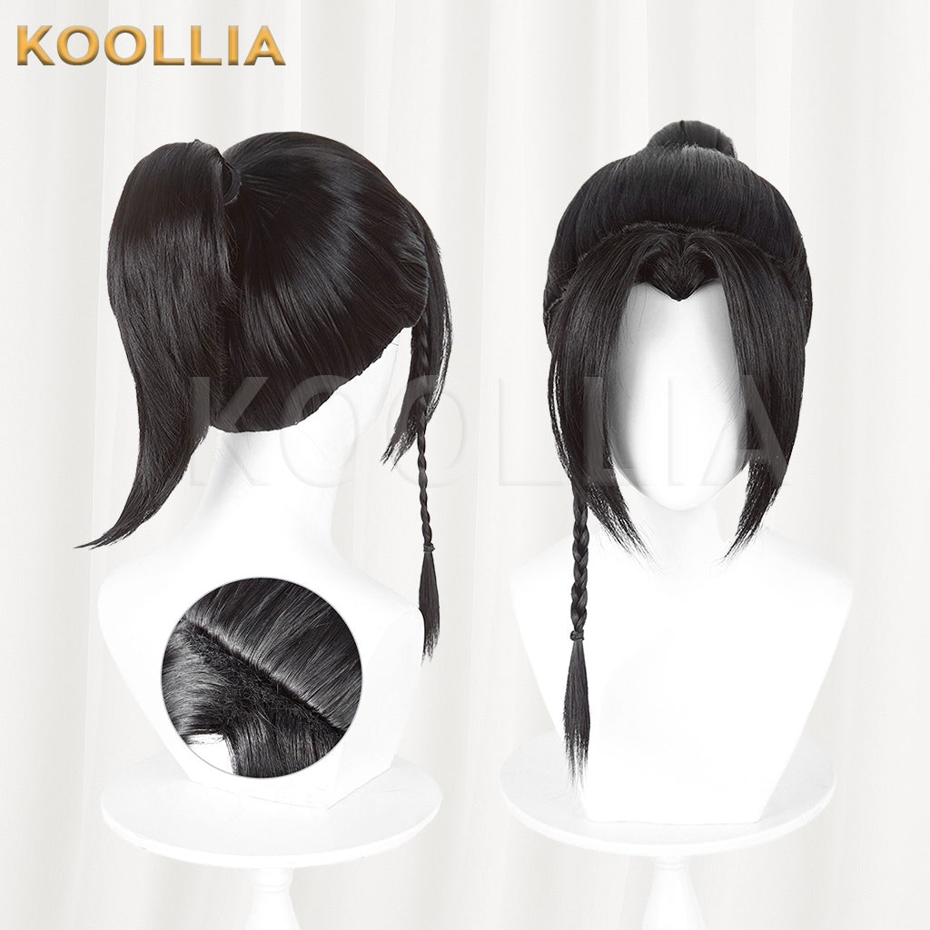 Eight Immortals He Xiangu Wig Jet Black Teased Top Ancient‑style Tied High Ponytail Single Side Braid Basic Wig