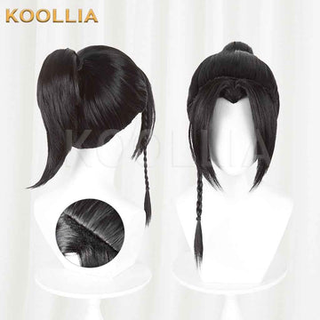 Eight Immortals He Xiangu Wig Jet Black Teased Top Ancient‑style Tied High Ponytail Single Side Braid Basic Wig