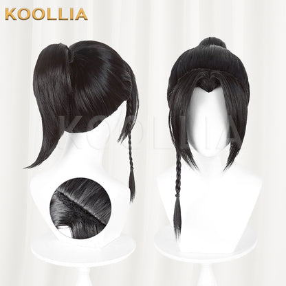 Eight Immortals He Xiangu Wig Jet Black Teased Top Ancient‑style Tied High Ponytail Single Side Braid Basic Wig