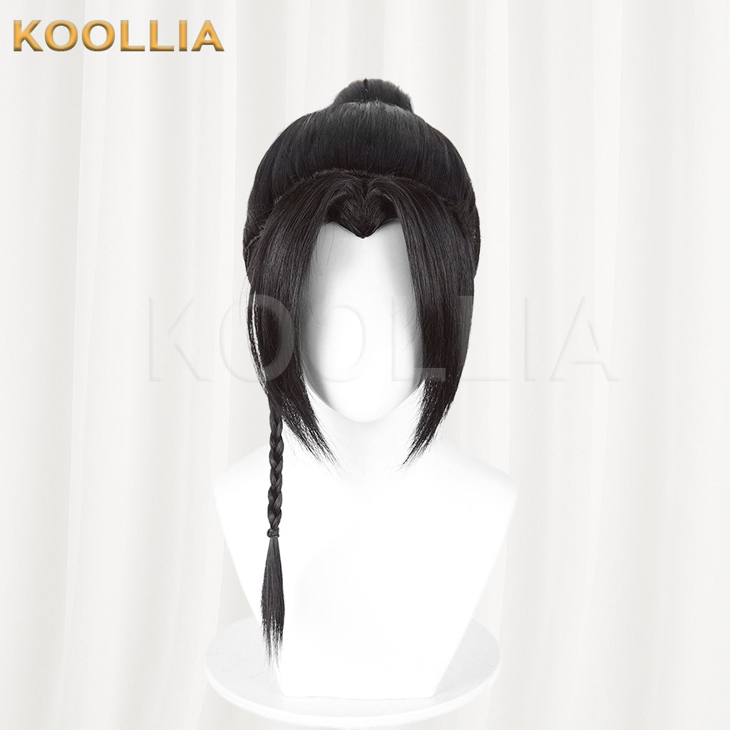 Eight Immortals He Xiangu Wig Jet Black Teased Top Ancient‑style Tied High Ponytail Single Side Braid Basic Wig