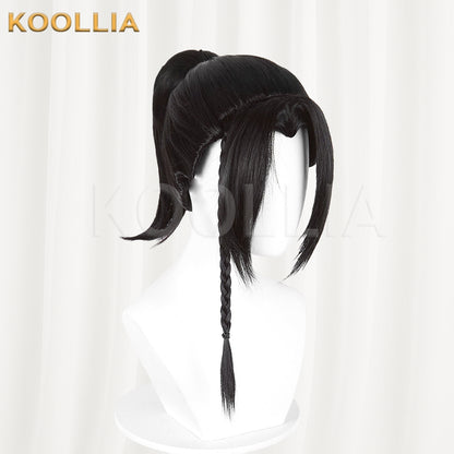 Eight Immortals He Xiangu Wig Jet Black Teased Top Ancient‑style Tied High Ponytail Single Side Braid Basic Wig