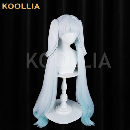 Wuthering Waves Jinxie New World Tour Concert Wig Icy‑White Sky‑Blue Gradient Braided Twin Ponytails Realistic Scalp Top Basic Wig