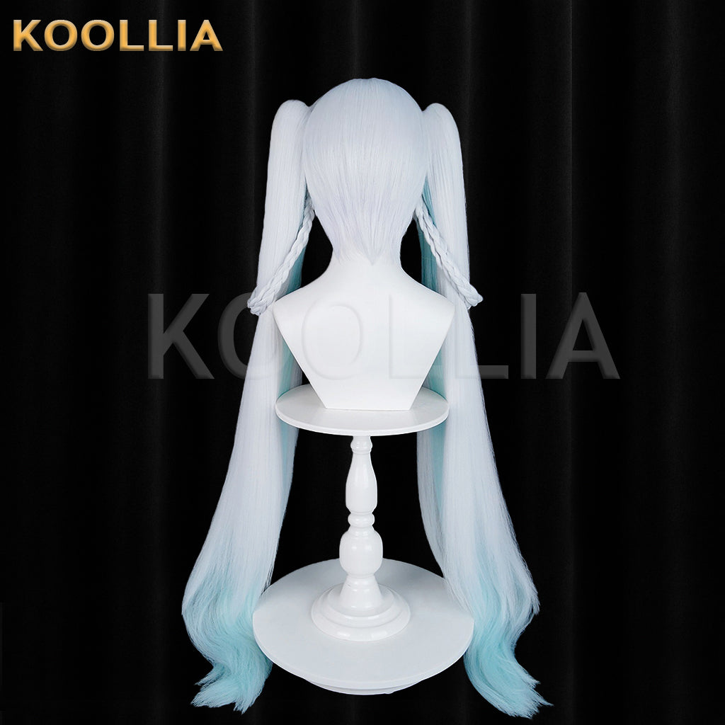 Wuthering Waves Jinxie New World Tour Concert Wig Icy‑White Sky‑Blue Gradient Braided Twin Ponytails Realistic Scalp Top Basic Wig