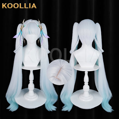Wuthering Waves Jinxie New World Tour Concert Wig Icy‑White Sky‑Blue Gradient Braided Twin Ponytails Realistic Scalp Top Basic Wig