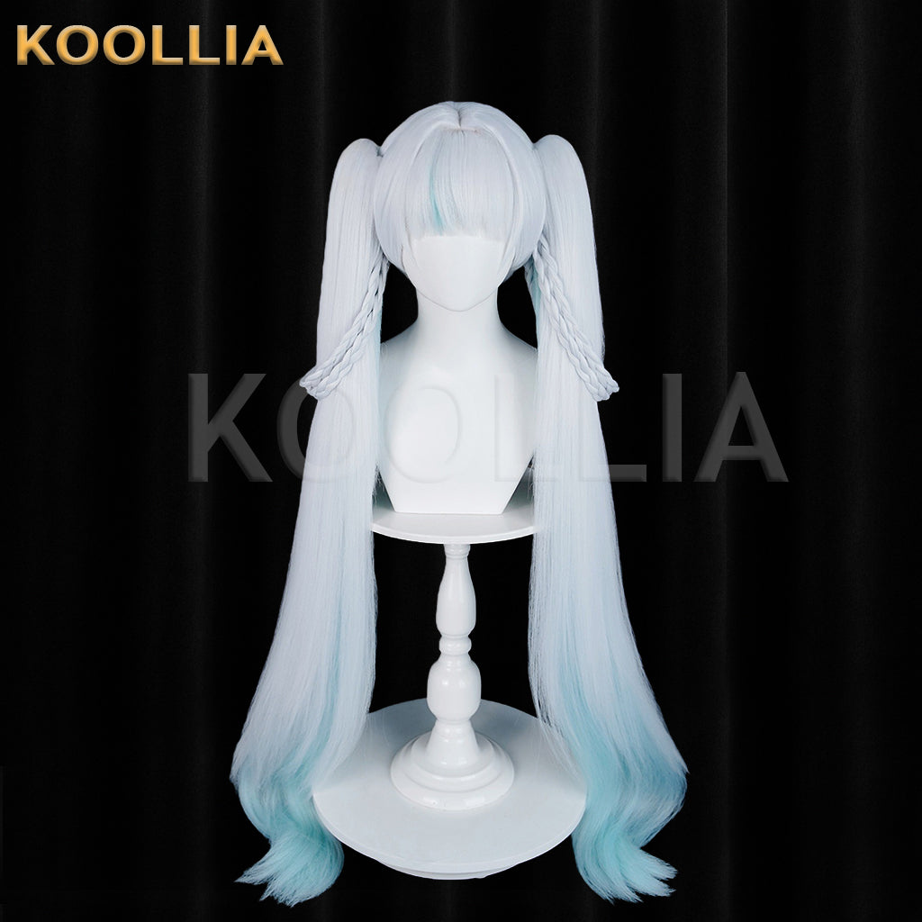 Wuthering Waves Jinxie New World Tour Concert Wig Icy‑White Sky‑Blue Gradient Braided Twin Ponytails Realistic Scalp Top Basic Wig