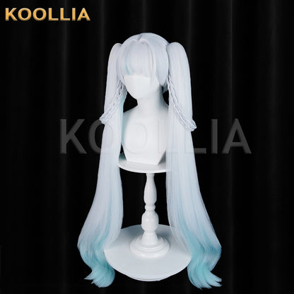 Wuthering Waves Jinxie New World Tour Concert Wig Icy‑White Sky‑Blue Gradient Braided Twin Ponytails Realistic Scalp Top Basic Wig