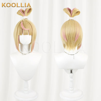 Overwatch Juno Wig Light Gold With Pink Highlights Realistic Scalp Top Energetic Bob Short Hair All‑In‑One Bow Loop Updo Basic Wig