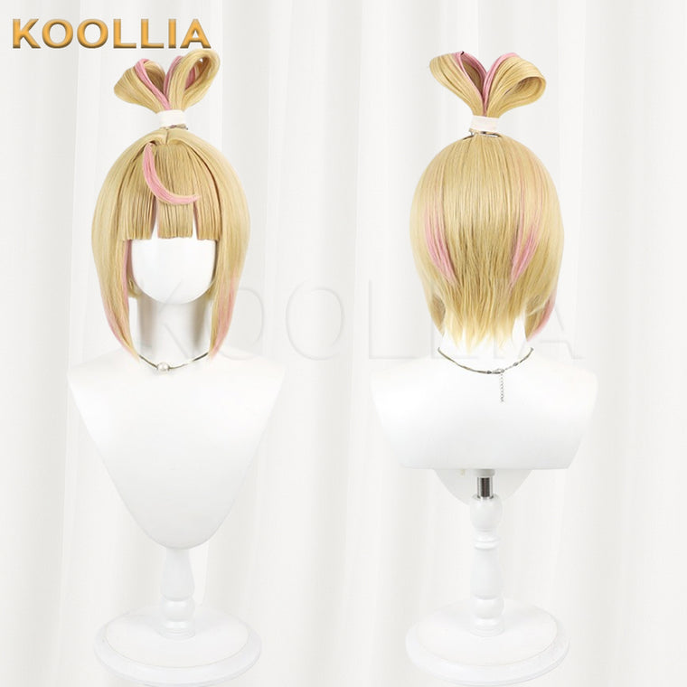 Overwatch Juno Wig Light Gold With Pink Highlights Realistic Scalp Top Energetic Bob Short Hair All‑In‑One Bow Loop Updo Basic Wig
