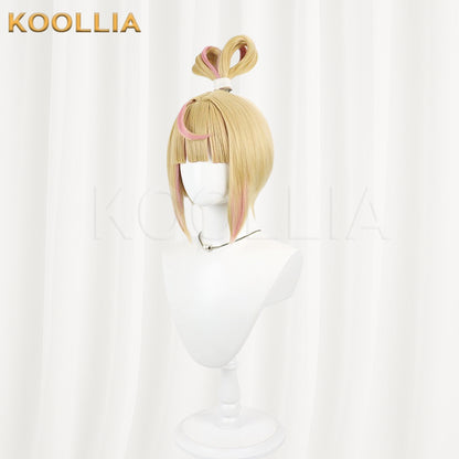 Overwatch Juno Wig Light Gold With Pink Highlights Realistic Scalp Top Energetic Bob Short Hair All‑In‑One Bow Loop Updo Basic Wig