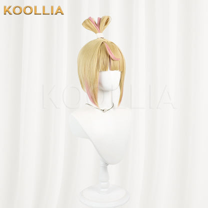 Overwatch Juno Wig Light Gold With Pink Highlights Realistic Scalp Top Energetic Bob Short Hair All‑In‑One Bow Loop Updo Basic Wig