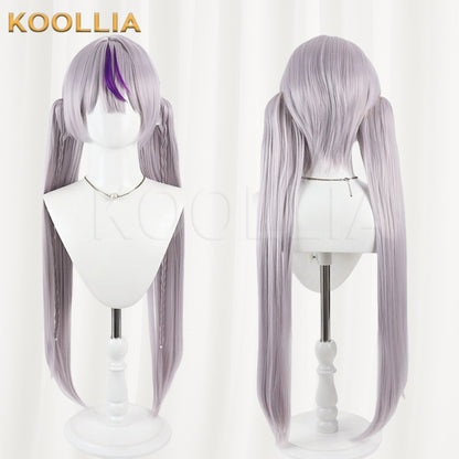 Vtuber Laplace Darkness Wig Dusty Grey‑Purple Realistic Scalp Top Detachable Braided Twin Ponytails Basic Wig