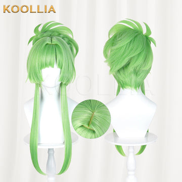 Puella Magi Madoka Magica Walpurgisnacht Rising Lilac Wig Bright Grass‑Green Realistic Scalp Top High Bun Long Side Strands Basic Wig