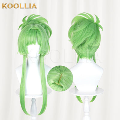 Puella Magi Madoka Magica Walpurgisnacht Rising Lilac Wig Bright Grass‑Green Realistic Scalp Top High Bun Long Side Strands Basic Wig