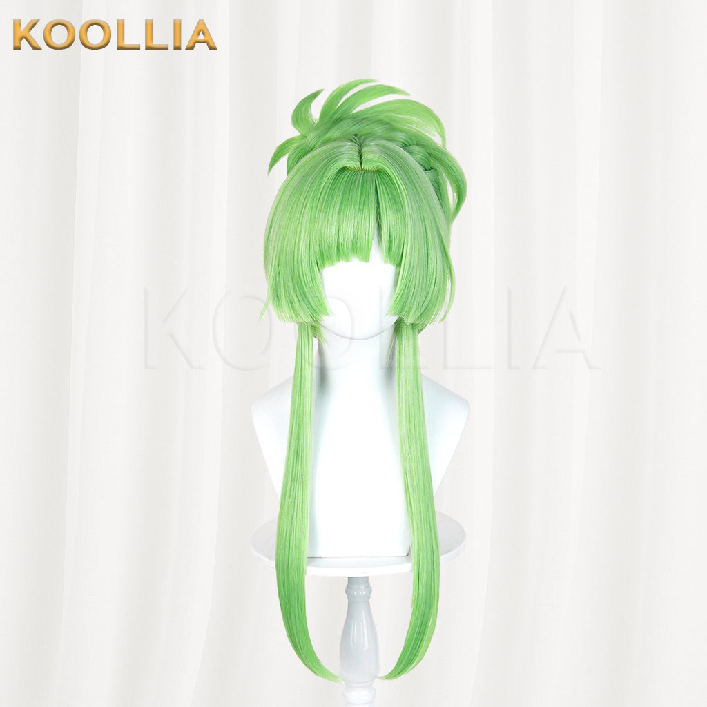 Puella Magi Madoka Magica Walpurgisnacht Rising Lilac Wig Bright Grass‑Green Realistic Scalp Top High Bun Long Side Strands Basic Wig