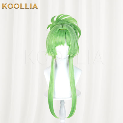 Puella Magi Madoka Magica Walpurgisnacht Rising Lilac Wig Bright Grass‑Green Realistic Scalp Top High Bun Long Side Strands Basic Wig