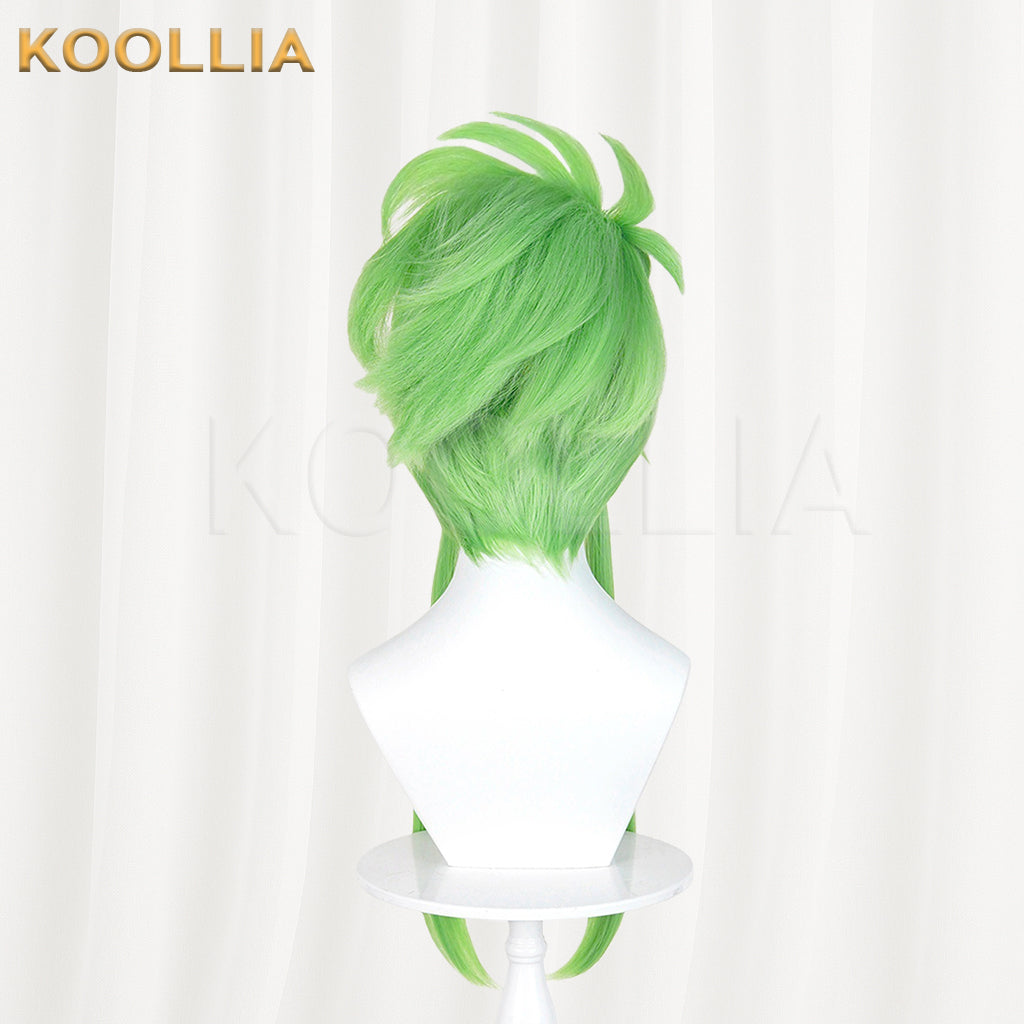Puella Magi Madoka Magica Walpurgisnacht Rising Lilac Wig Bright Grass‑Green Realistic Scalp Top High Bun Long Side Strands Basic Wig