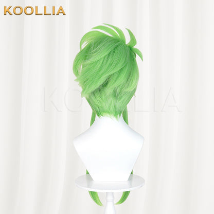 Puella Magi Madoka Magica Walpurgisnacht Rising Lilac Wig Bright Grass‑Green Realistic Scalp Top High Bun Long Side Strands Basic Wig