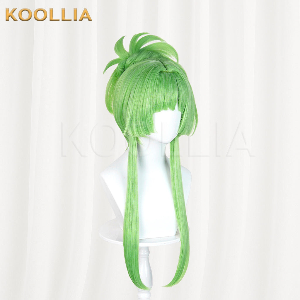 Puella Magi Madoka Magica Walpurgisnacht Rising Lilac Wig Bright Grass‑Green Realistic Scalp Top High Bun Long Side Strands Basic Wig