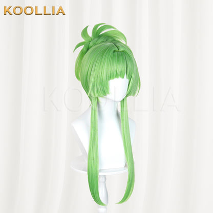 Puella Magi Madoka Magica Walpurgisnacht Rising Lilac Wig Bright Grass‑Green Realistic Scalp Top High Bun Long Side Strands Basic Wig