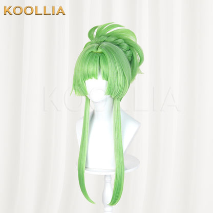 Puella Magi Madoka Magica Walpurgisnacht Rising Lilac Wig Bright Grass‑Green Realistic Scalp Top High Bun Long Side Strands Basic Wig
