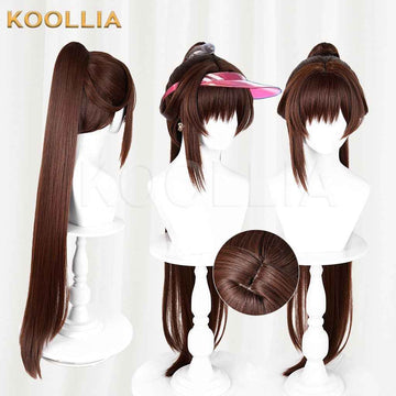 NIKKE Goddess of Victory Marciana Wig Chestnut Brown Realistic Scalp Top Detachable Straight Tiger‑clip Ponytail Basic Wig