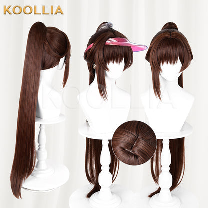NIKKE Goddess of Victory Marciana Wig Chestnut Brown Realistic Scalp Top Detachable Straight Tiger‑clip Ponytail Basic Wig