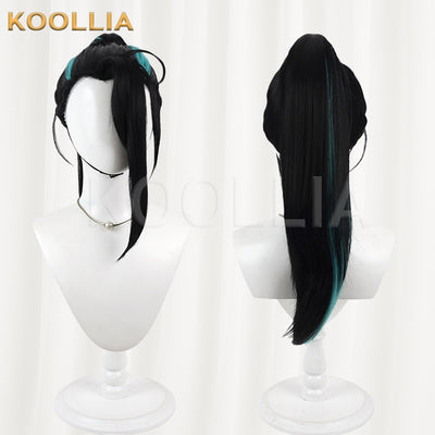 Touken Ranbu Namiheyasu Wig Jet‑Black With Teal‑Blue Highlights Mechanism Hairline Scalp Top Bun Detachable Ponytail Basic Wig
