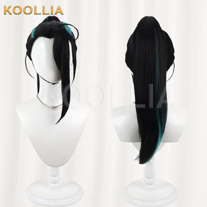 Touken Ranbu Namiheyasu Wig Jet‑Black With Teal‑Blue Highlights Mechanism Hairline Scalp Top Bun Detachable Ponytail Basic Wig